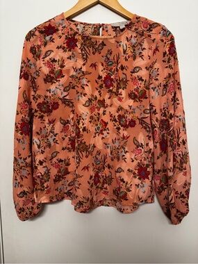 LOFT Peach Floral Long-Sleeve Peasant Top